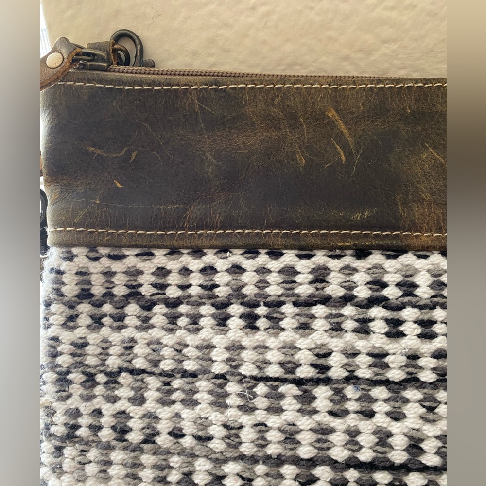 Myra Crossbody Bag Upcycled Tweed Gray Brown Cream Fall Western Leather Wristlet - Picture 5 of 15